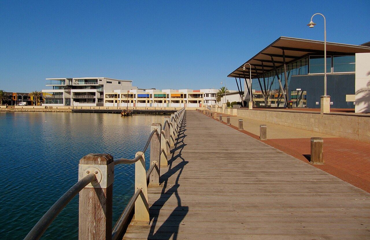 Marina boardwalk and office building on the waterfront