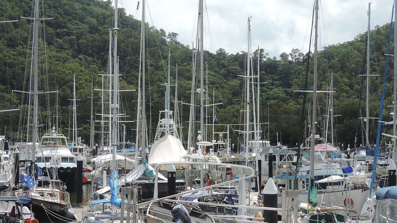 Masts and berth arms across a marina basin